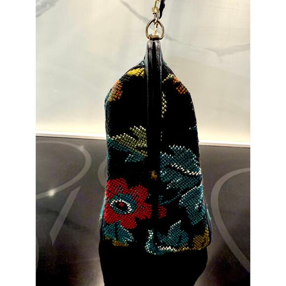 Vintage Carpet Bag Needlepoint Tapestry Structured Satchel Large Floral Black - Picture 14 of 15